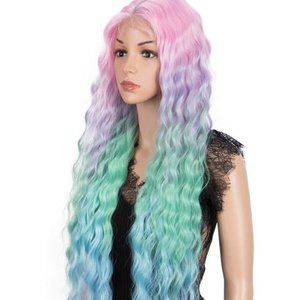 38” Curly Wig TRANSPARENT Lace Front Rainbow Ombre